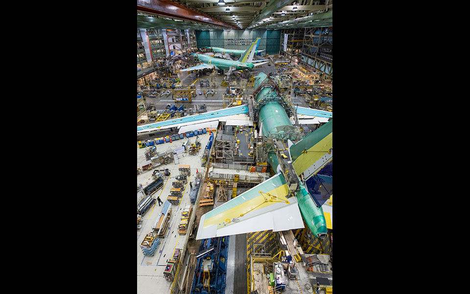 A 747 being built inside ӰƵ’s Everett factory.